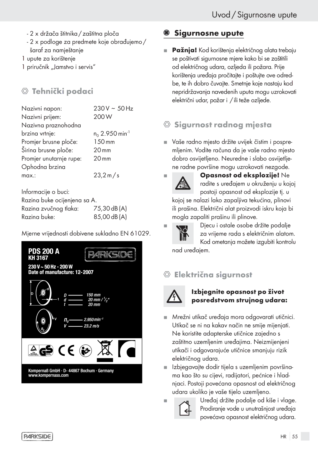 Parkside PDS 200A manual Uvod / Sigurnosne upute, Tehnički podaci, Sigurnost radnog mjesta, Električna sigurnost 